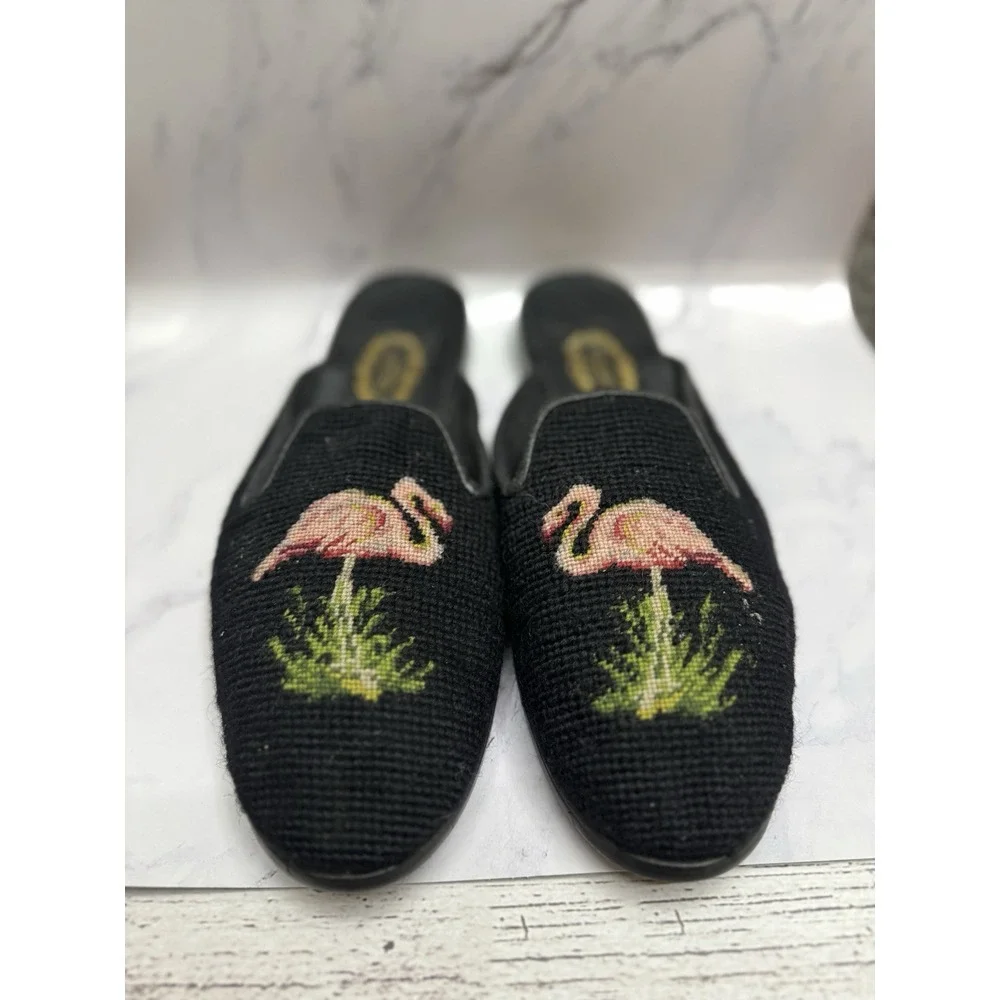 Larkspur‎ Collection Vintage Pink Flamingo in Black Mules Slide Shoes Flats L